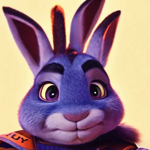 Prompt: A portrait of Judy Hopps, up close, soft lighting, beautiful lighting, backlit fur, trending on artstation, greg rutkowski, award winning painting, digital painting of Judy hopps, a female anthropomorphic bunny