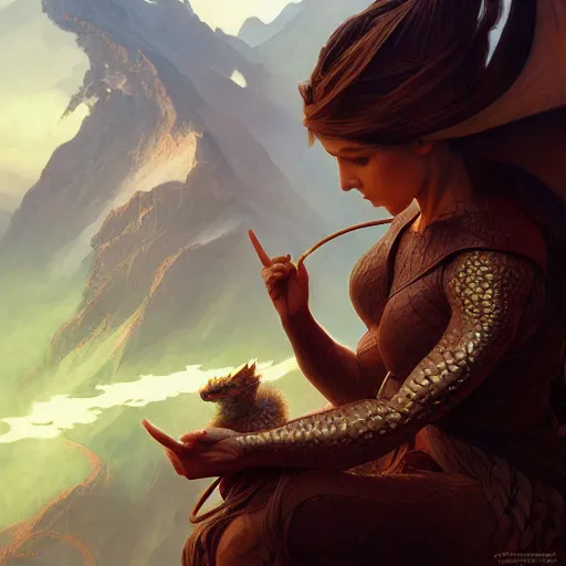 Image similar to baby dragon watching the world underneath, mountains, d & d, fantasy, intricate, elegant, highly detailed, digital painting, artstation, concept art, smooth, sharp focus, illustration, art by artgerm and greg rutkowski and alphonse mucha