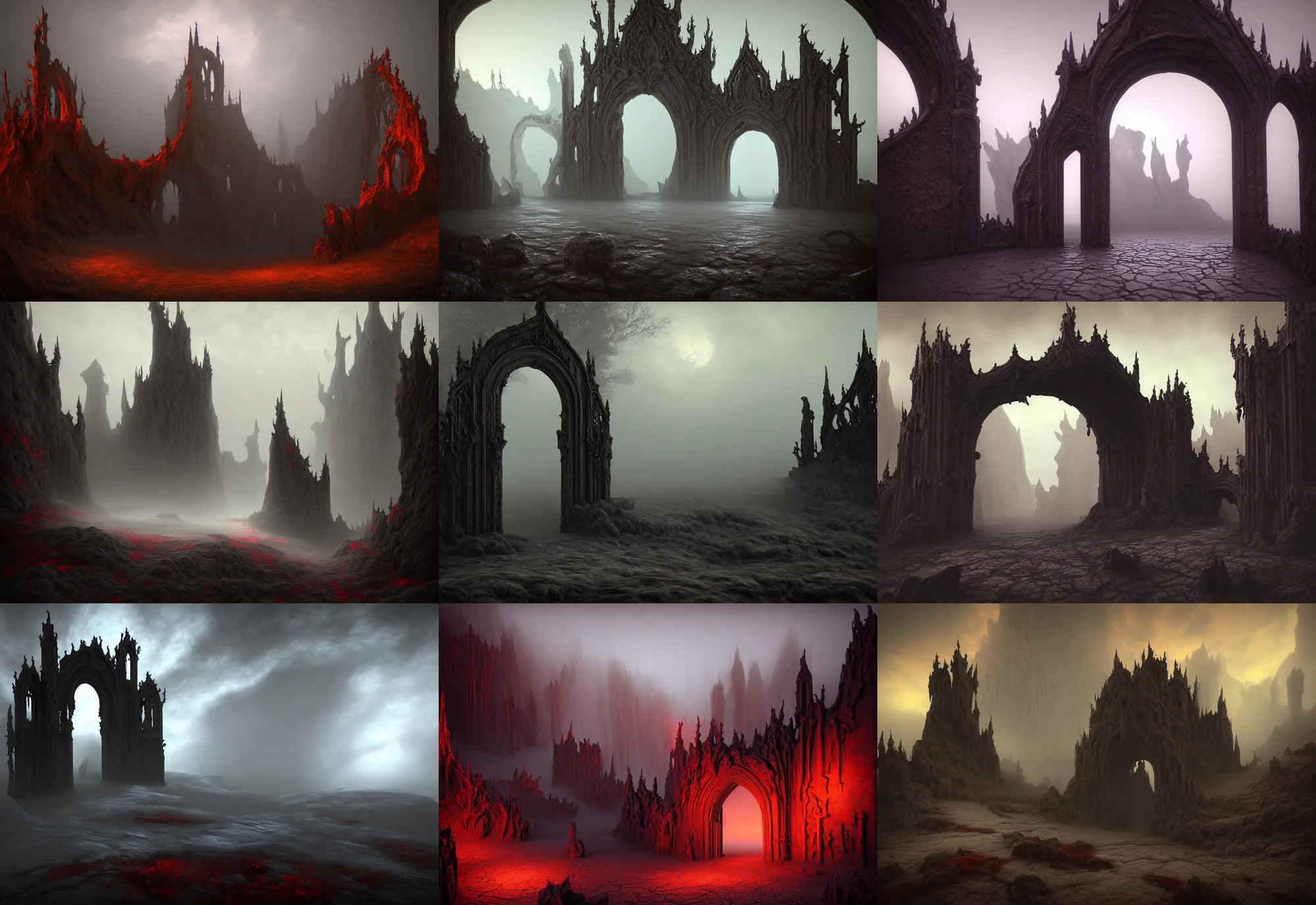 Prompt: a gorgeous landscape painting of a lonely magnificent gothic gate to the hell on the long stepts, by barlowe wayne, 3 d, octane render, turbulent blood lake, fog, blood on some the steps, 8 k.