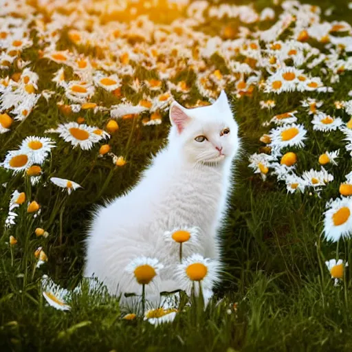 Prompt: a fluffy white cat sleepimg in a daisies field, sunset, cinematic scene, photorealistic