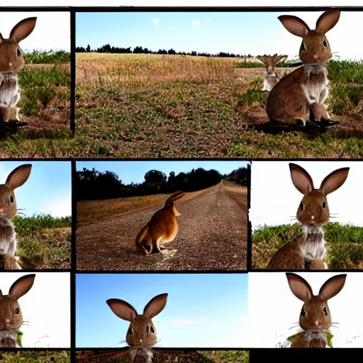 Prompt: a rabbit jumping up over a fence, shown as a film strip showing 9 sequential stills from the video clip in a grid