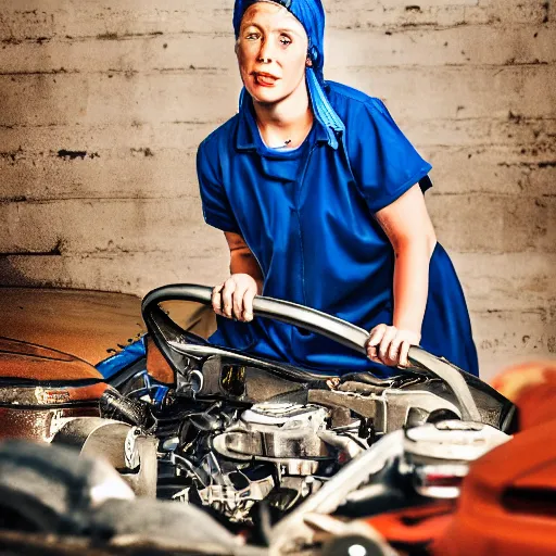 Image similar to the real life version of the girl with a pearl earring living her life as a mechanic in a small town, still from a local magazine, high quality photography,