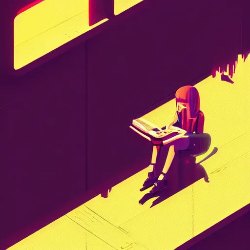 Image similar to a girl reading a book, her hair flowing down, cyberpunk art by by james gilleard, cgsociety, retrofuturism, synthwave, retrowave, outrun