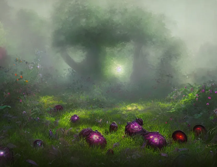 Image similar to amorphous, gooey life form crawling over a garden in a beautiful foggy morning. oil painting, indie concept art, bloom, chiaroscuro, backlighting, intricate details, depth of field.