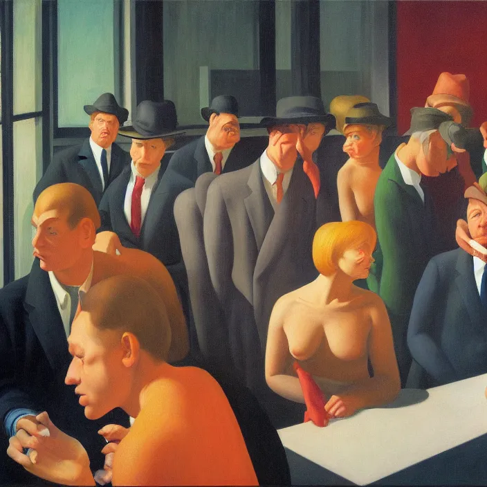 Image similar to group of people pictured in afternoon light, close - up of the faces, anatomically and proportionally correct, surrealist oil painting by edward hopper, francis bacon and rene magritte, detailed