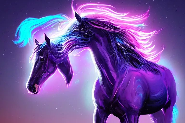 Image similar to a stunning horse with bioluminescent mane and tail running in the sky by sandra chevrier and greg rutkowski, neon hooves, purple blue color scheme, vaporware, retro, outrun, high key lighting, volumetric light, digital art, highly detailed, fine detail, intricate, ornate, complex, octane render, unreal engine, photorealistic