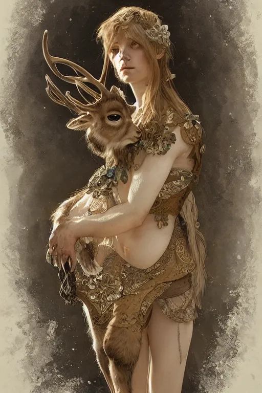 Image similar to A full portrait of an ancient nordic fawn, intricate, elegant, highly detailed, digital painting, artstation, concept art, smooth, sharp focus, illustration, art by Krenz Cushart and Artem Demura and alphonse mucha