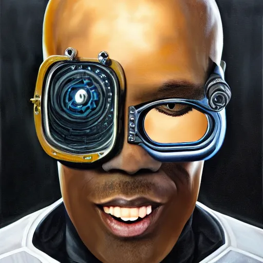 Image similar to a realistic oil painting of a black man as a cybernetic cyborg, surrealism portrait, surrealism album cover