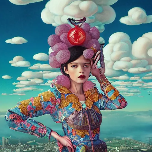 Image similar to pretty model with clouds and candy : : by martine johanna and simon stalenhag and chie yoshii and casey weldon and wlop : : ornate, dynamic, particulate, rich colors, intricate, elegant, highly detailed, vogue, harper's bazaar art, fashion magazine, smooth, sharp focus, 8 k, octane render