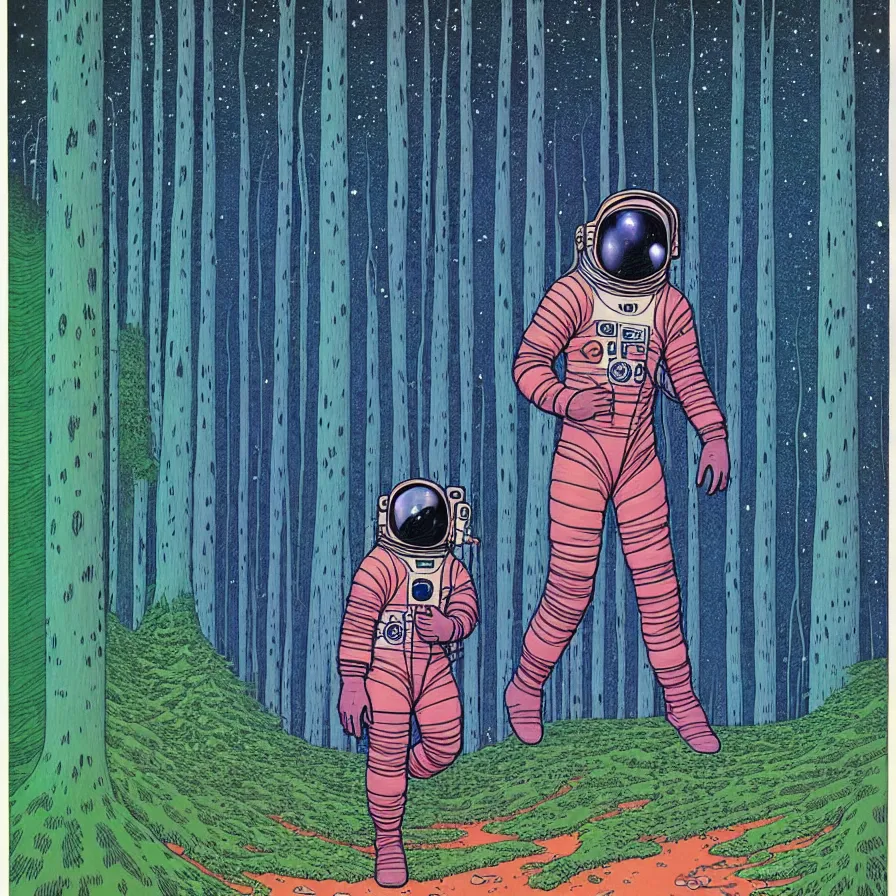 Image similar to ( ( ( ( an astronaut walking through a mysterious forest, with decorative frame design ) ) ) ) by mœbius!!!!!!!!!!!!!!!!!!!!!!!!!!!, overdetailed art, colorful, artistic record jacket design