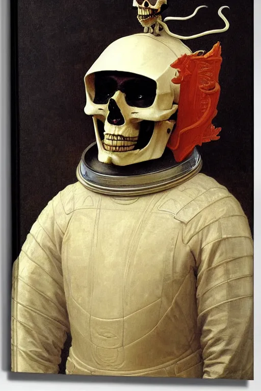 Image similar to portrait of a skull man astronaut with chinese dragon armor and helmet, majestic, solemn, by bouguereau