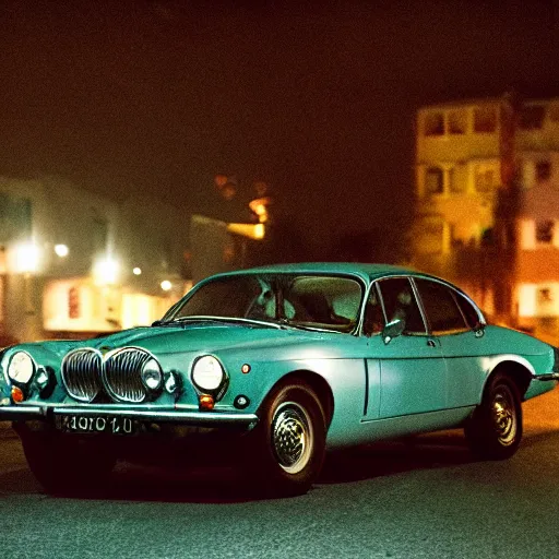 Image similar to empty street, jaguar, portrait, at night, by addy campbell, cinematography by wes anderson