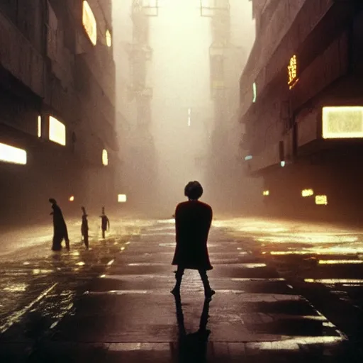 Image similar to cinematic portrait of a runaway replicant with tribal facepaint and a plastic raincoat in an empty room, still from the movie bladerunner, fashion photography