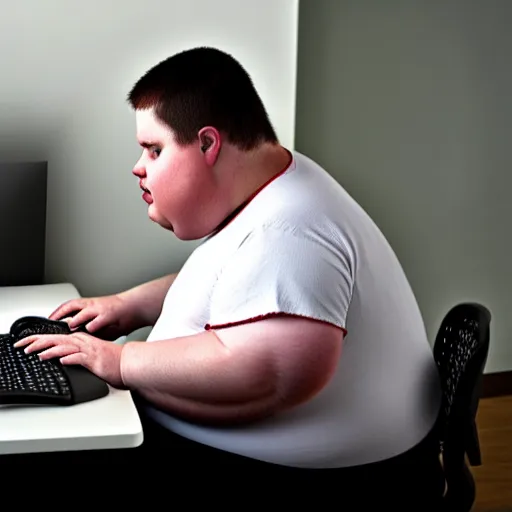 Image similar to obese man typing on a computer , photograph , realistic , HD , 4k