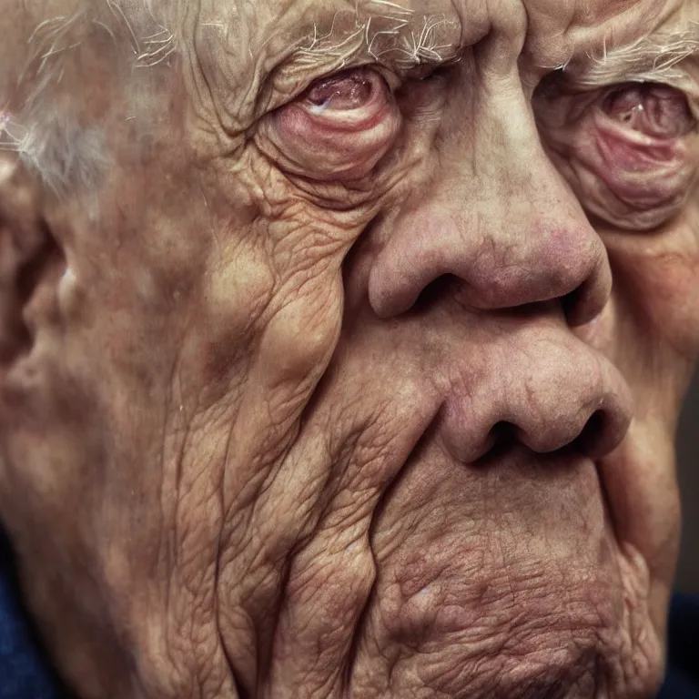 Image similar to hyperrealistic close up studio portrait of aging old Jimmy Carter age 103 wrinkled sorrowful, oil painting by Ivan Albright and Lucian Freud and Ron Mueck, trending on artstation Studio lighting hyperrealism