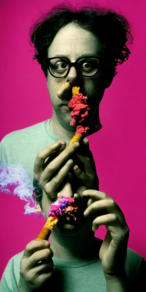 Prompt: award winning photo of todd solondz smoking weed, vivid colors, happy, symmetrical face, beautiful eyes, studio lighting, wide shot art by Sally Mann & Arnold Newman