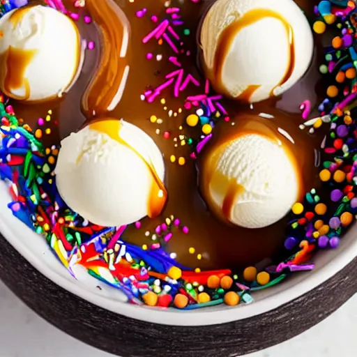 Prompt: closeup of a bowl with three balls of vanilla ice cream with caramel sauce and colorful sprinkles. Highly detailed.