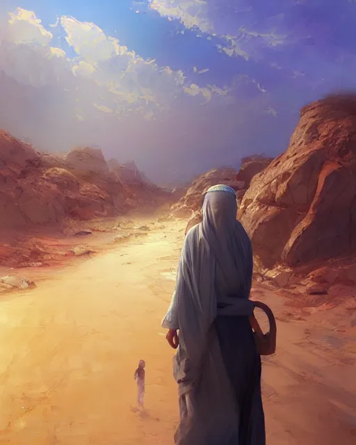 Prompt: beautiful bedouin walking to mosque, detailed portrait, cell shaded, 4 k, vivid colours, concept art by wlop, ilya kuvshinov, artgerm, krenz cushart, greg rutkowski, pixiv. cinematic dramatic atmosphere, sharp focus, volumetric lighting, cinematic lighting, studio quality