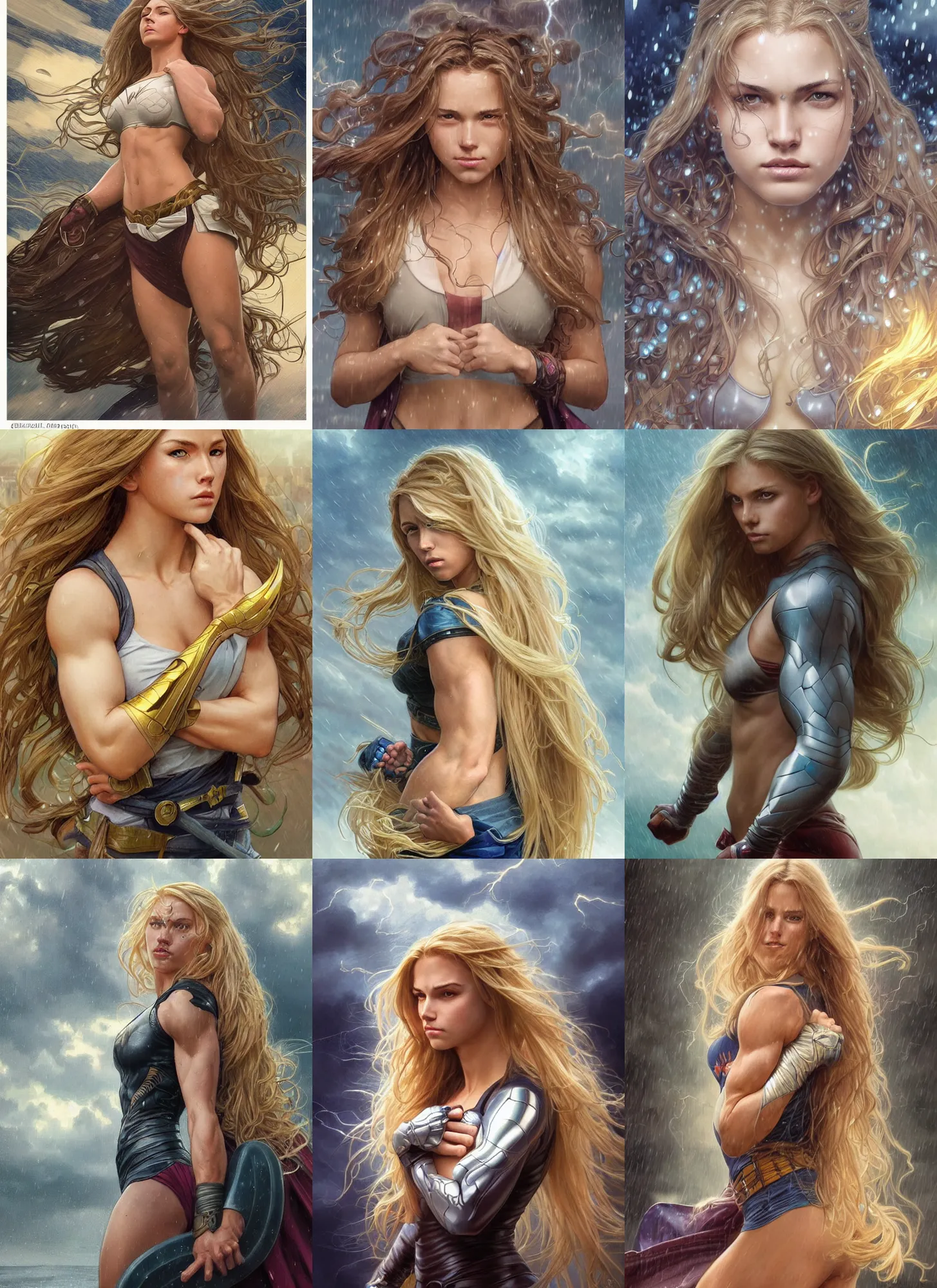 Prompt: a very muscled and young superhero girl with a focused face and extremely long blonde wavy hair, light rain, thunder storm background, intricate detailed face, artgerm, greg rutkowski, alphonse mucha, francine van hove