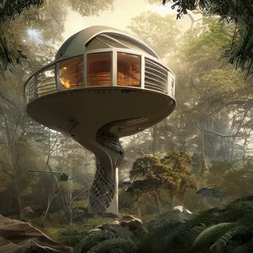 Image similar to futuristic treehouse by Jim Burns, fine art, digital art, cinematic lighting, hyperdetailed, 8k, high resolution, insanely detailed and intricate, unreal engine, octane render