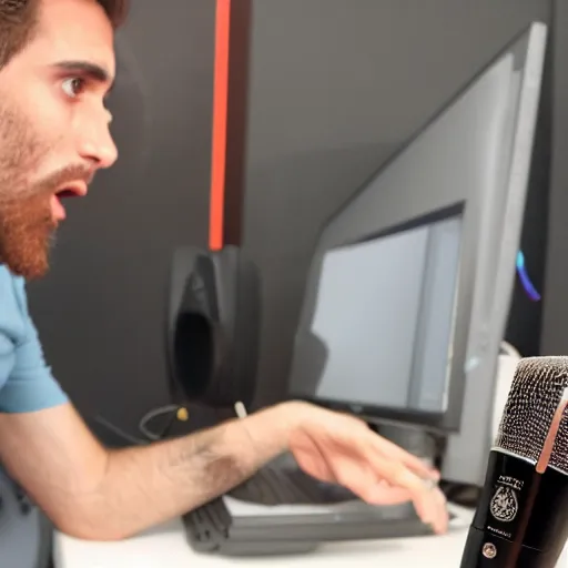 Prompt: handsome Portuguese-British male twitch streamer looking angrily at his expensive studio mic which isn't working, 4k