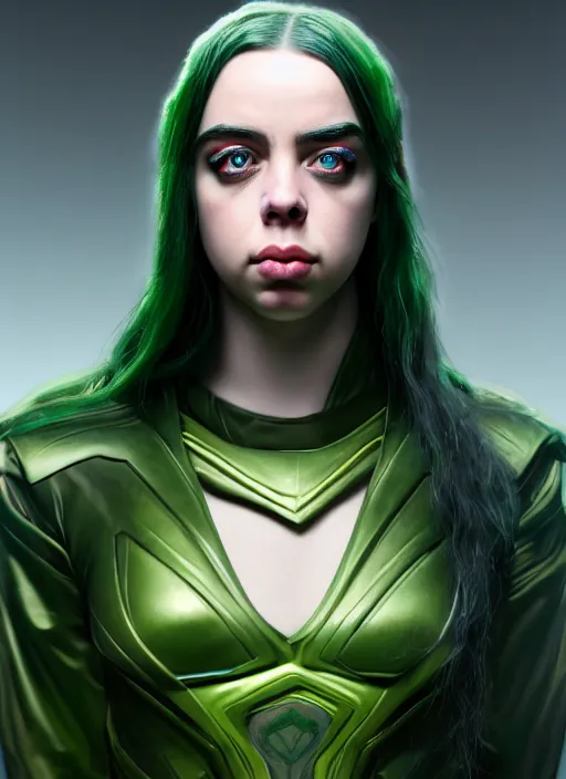 Image similar to Billie Eilish as Female Loki, beautiful facial symmetry, olive skin color, hyper realistic, hyper detail, very detailed, digital art, trending on artstation, smooth render, 8k octane render,