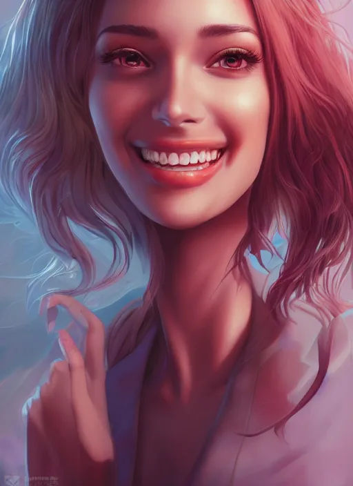 Image similar to beautiful, secretary woman, extremely detailed gorgeous face, looks realistic, hyper-detailed portrait, happy smile, vaporwave aesthetic, synthwave, magical, fantasy, ninchaku , artist Artgerm i and WLOP