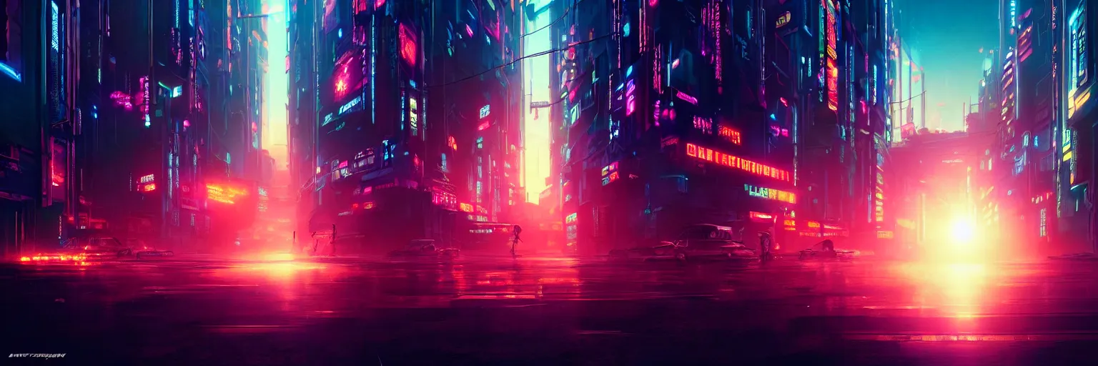Image similar to cinematic photography of a cyberpunk city during sunset, sun flare back lighting, cyber led neon, bokeh, rule of thirds, hyper photorealistic, crispy quality, digital photography, art by artgerm, art by greg rutkowski, art by pascal blanche,