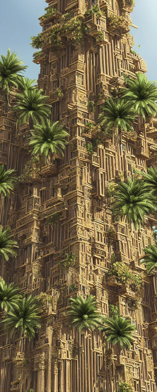 Image similar to photorealistic eye level view of a contemporary babylon tower, golden intricate details, stone facade, sacred ancient architecture, hanging gardens, cascading highrise, arid mountains with lush palm forest, sunlight, post - production, octane, cgi, sfx