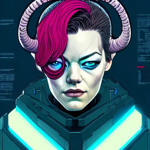 Image similar to portrait painting of a cyberpunk hacker muscular emma stone with two big horns on her head, sharp focus, award - winning, trending on artstation, masterpiece, highly detailed, intricate. art by josan gonzales and moebius and deathburger