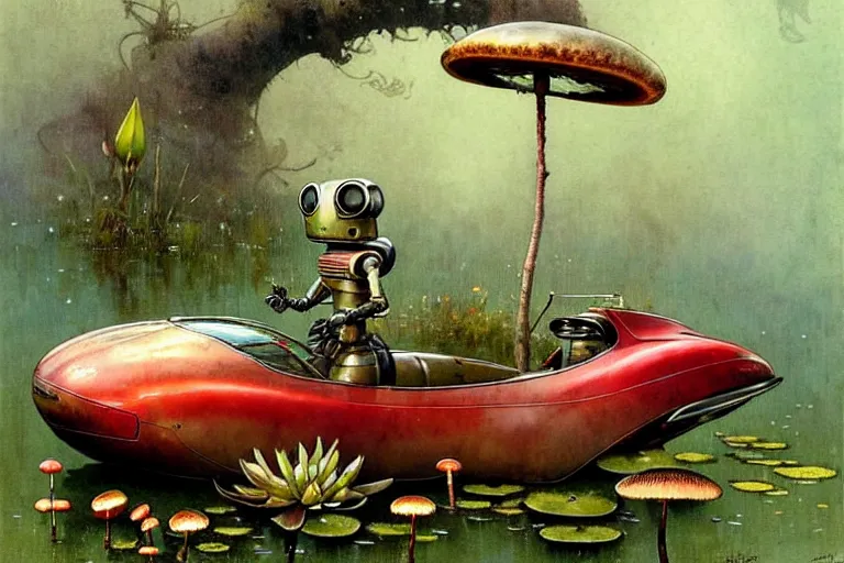 Image similar to adventurer ( ( ( ( ( 1 9 5 0 s retro future robot mouse amphibious vehical home. muted colors. swamp mushrooms. water lilies ) ) ) ) ) by jean baptiste monge!!!!!!!!!!!!!!!!!!!!!!!!! chrome red