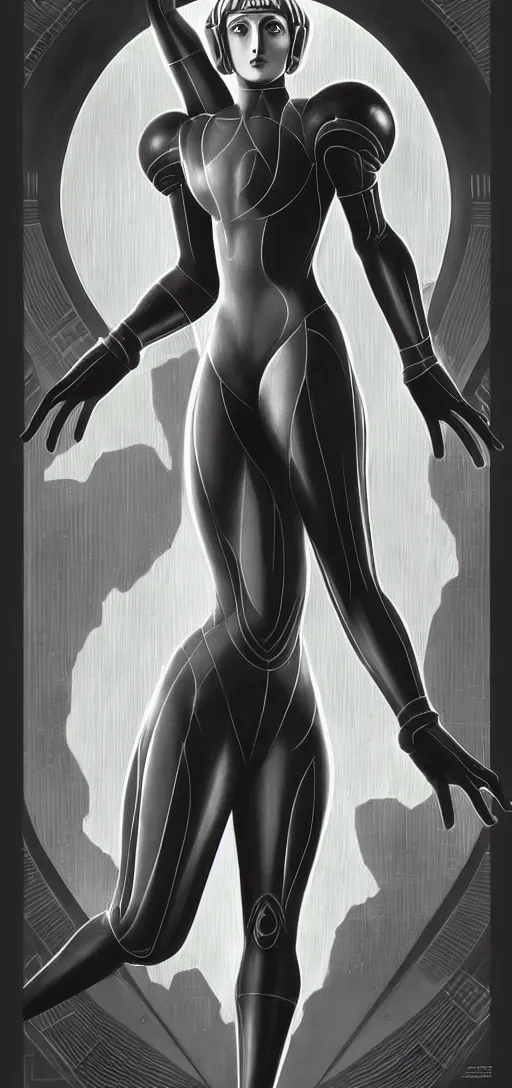 Image similar to perfectly detailed samus aran in metropolis silent film!! 1 9 2 0 s art deco! blessed by nature with ever - increasing physical mental perfection, symmetrical! intricate, sensual features, highly detailed, biblical divine holy perfection!! digital painting, artstation, concept art, smooth, sharp focus, illustration, art by artgerm and greg rutkowski and alphonse mucha