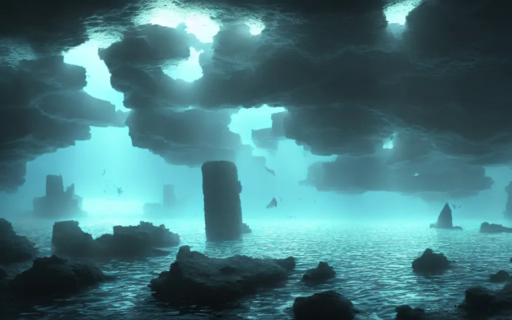 Image similar to wide shot, submerged pre - incan temple, dark, grenada underwater sculpture park, bubbles, abyss, stylized, anime style mixed with fujifilm, detailed gouache paintings, crepuscular rays, dark, murky, foggy, atmospheric, artstation, cgsociety, octane render, cgi, unreal engine 5, denoise, cinematic masterpiece