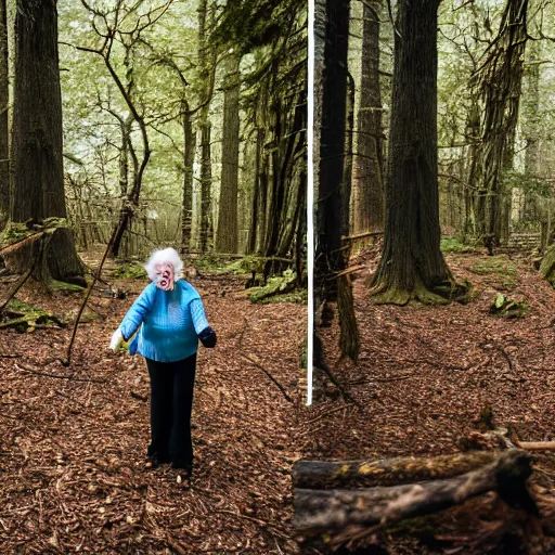 Prompt: elderly woman screaming at a terrifying creature in the woods, canon eos r 3, f / 1. 4, iso 2 0 0, 1 / 1 6 0 s, 8 k, raw, unedited, symmetrical balance, wide angle