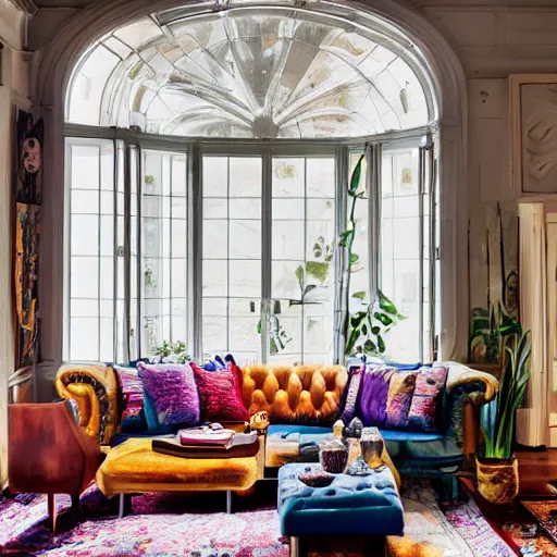 Image similar to a living room filled with furniture and lots of windows, a still life by ruth collet, featured on pexels, maximalism, maximalist, hall of mirrors, sanctuary