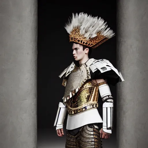 Prompt: a portrait of a beautiful young male wearing an alexander mcqueen armor made of paper , photographed by andrew thomas huang, artistic