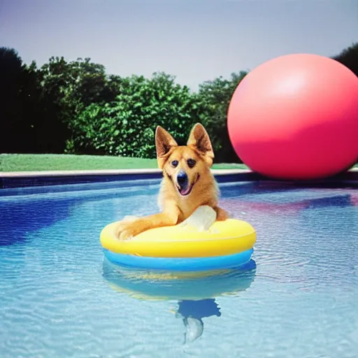 Prompt: An anthropomorphic GSD puppy with hands enjoying a cosmopolitan cocktail in a swimming pool while floating on an flamingo inflatable, tranquil, breezy background, atmospheric, hazy, sweltering, autochrome, 8k, reflections, ue5, digital art