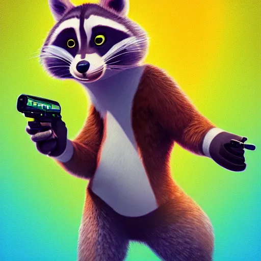 Prompt: “ racoon in the style of zootopia holding laser gun, floating alone, with a black background, digital art, award winning, trending on art station, retro style ”