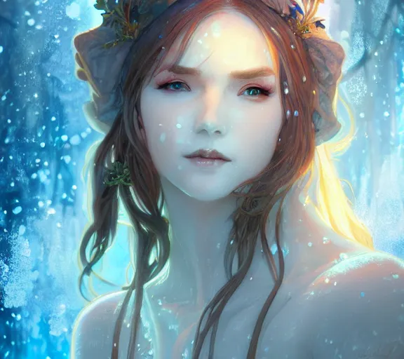 Prompt: beautiful ancient frost witch, fire in eye, snow glow!!, pool party, highly detailed, digital painting, artstation, sharp focus, illustration, art by tan zi and ayanamikodon and alphonse mucha and wlop