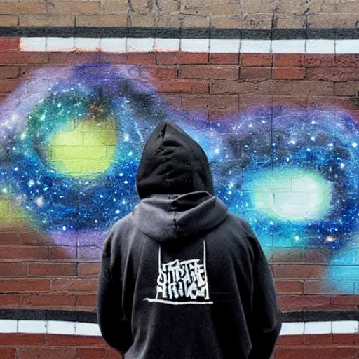 Prompt: a picture of a man in a black hoodie painting a graffiti mural of a galaxy on a brick wall