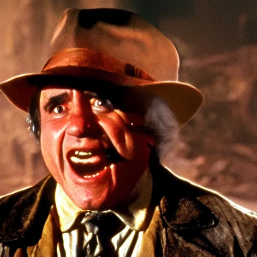 Prompt: Danny Devito as Indiana Jones, film still from Indiana Jones and the Temple of Doom, detailed, 4k