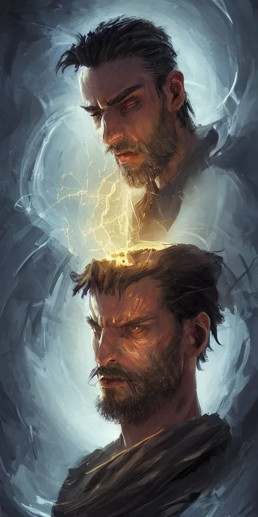 Prompt: a professional full portrait painting of a handsome young wizard olive skin, buzzed short dark hair, beautiful bone structure, symmetrical facial features, casting an evil spell, a floating glowing spellbook, , intricate, elegant, digital painting, concept art, smooth, sharp focus, illustration, from Metal Gear, by Ruan Jia and Mandy Jurgens and Artgerm and William-Adolphe Bouguereau