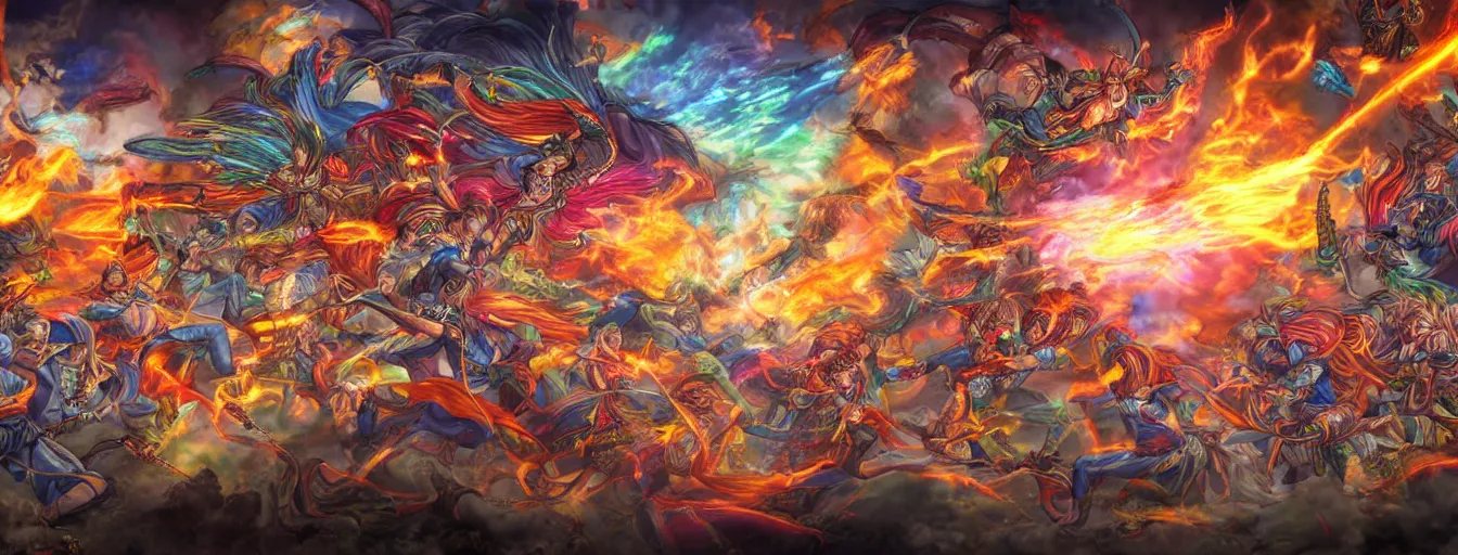 Prompt: a zoomed out panoramic view of rainbow soul fire spirits fighting on the battlefield. hyperrealistic anime background illustration by kim jung gi, colorful, extremely detailed intricate linework, smooth, super sharp focus, bright colors, high contrast, matte, octopath traveler, unreal engine 5 highly rendered, global illumination, radiant light