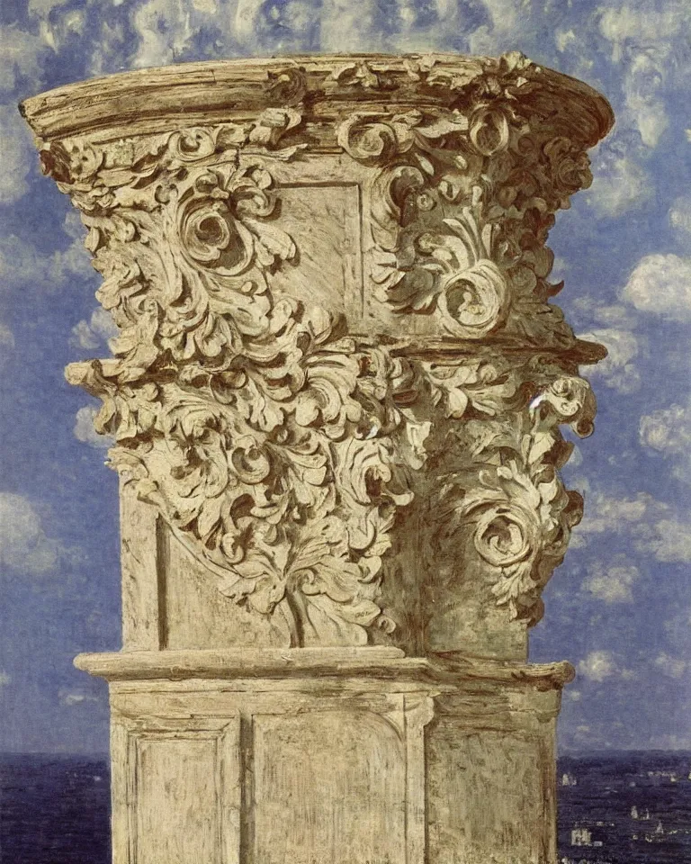 Prompt: achingly beautiful painting of intricate ancient roman corinthian capital on flat floral background by rene magritte, monet, and turner. piranesi.