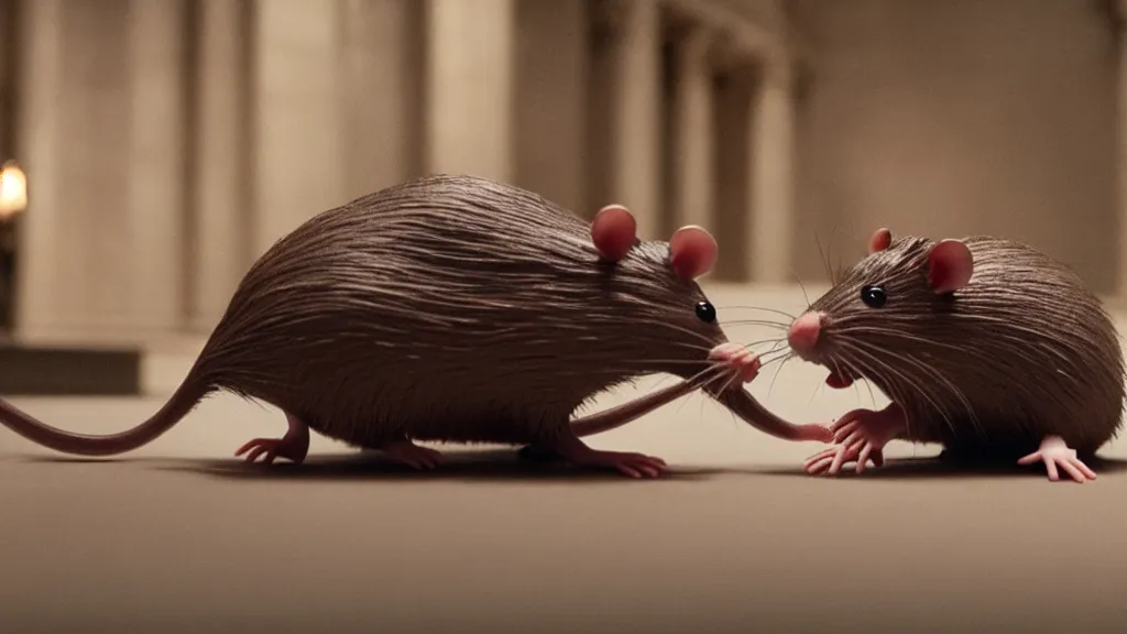 Image similar to the strange rat in city hall, made of wax and water, film still from the movie directed by Denis Villeneuve with art direction by Salvador Dalí, wide lens