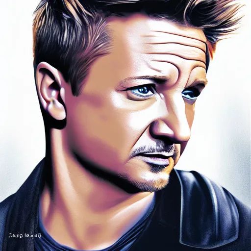 Image similar to portrait of jeremy renner, highly detailed, centered, solid color background, digital painting