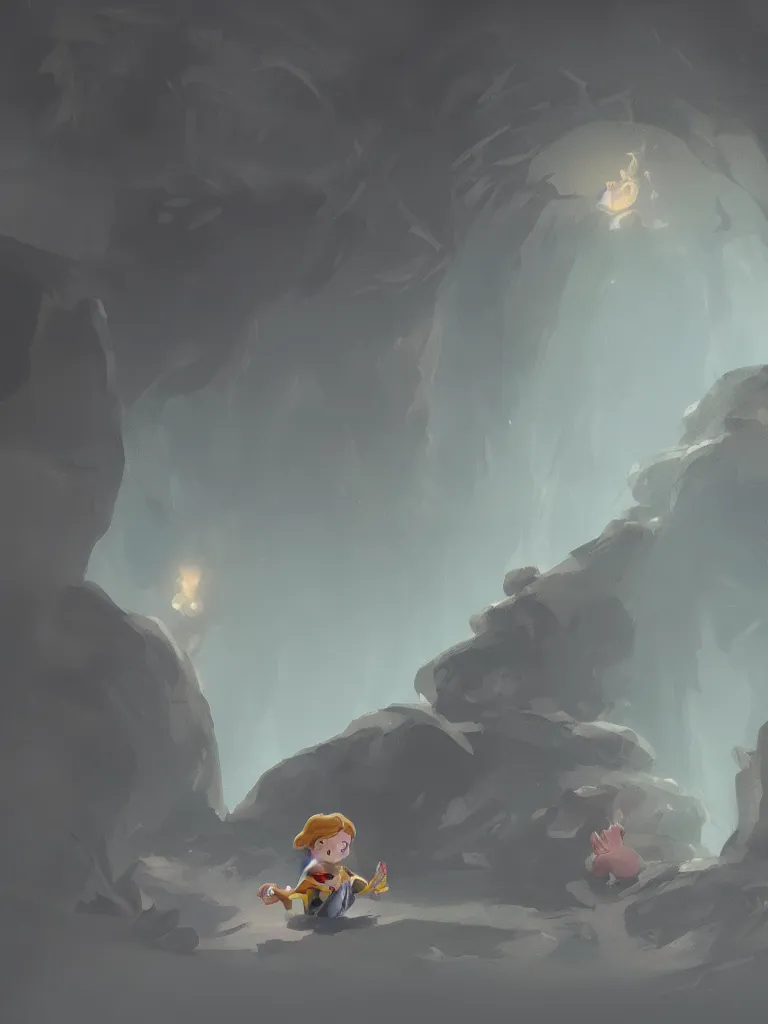 Prompt: lit child, in a dark cave, by disney concept artists, blunt borders, converging lines, soft light