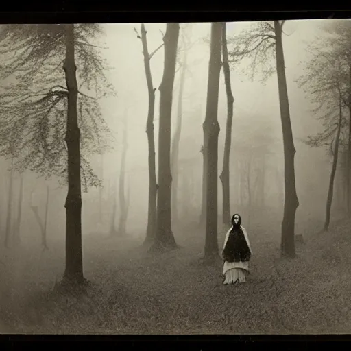 Image similar to an ancient evil-girl on a mysterious fractal forest, mist, 1910 photography, Black and white