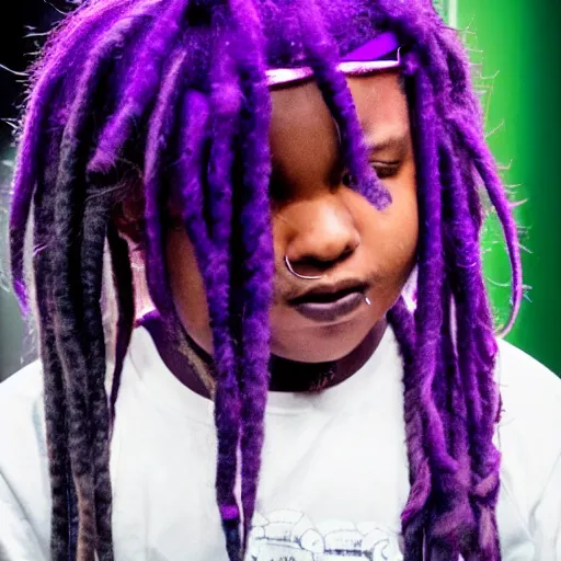 Prompt: a boy with purple dread hair, in trap show, close up