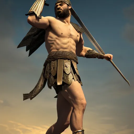 Image similar to Ancient greek warrior, holding a sword, epic, dramatic pose, cinematic, trending on artstation, award winning, 4k, photorealistic, high details, by delacroix